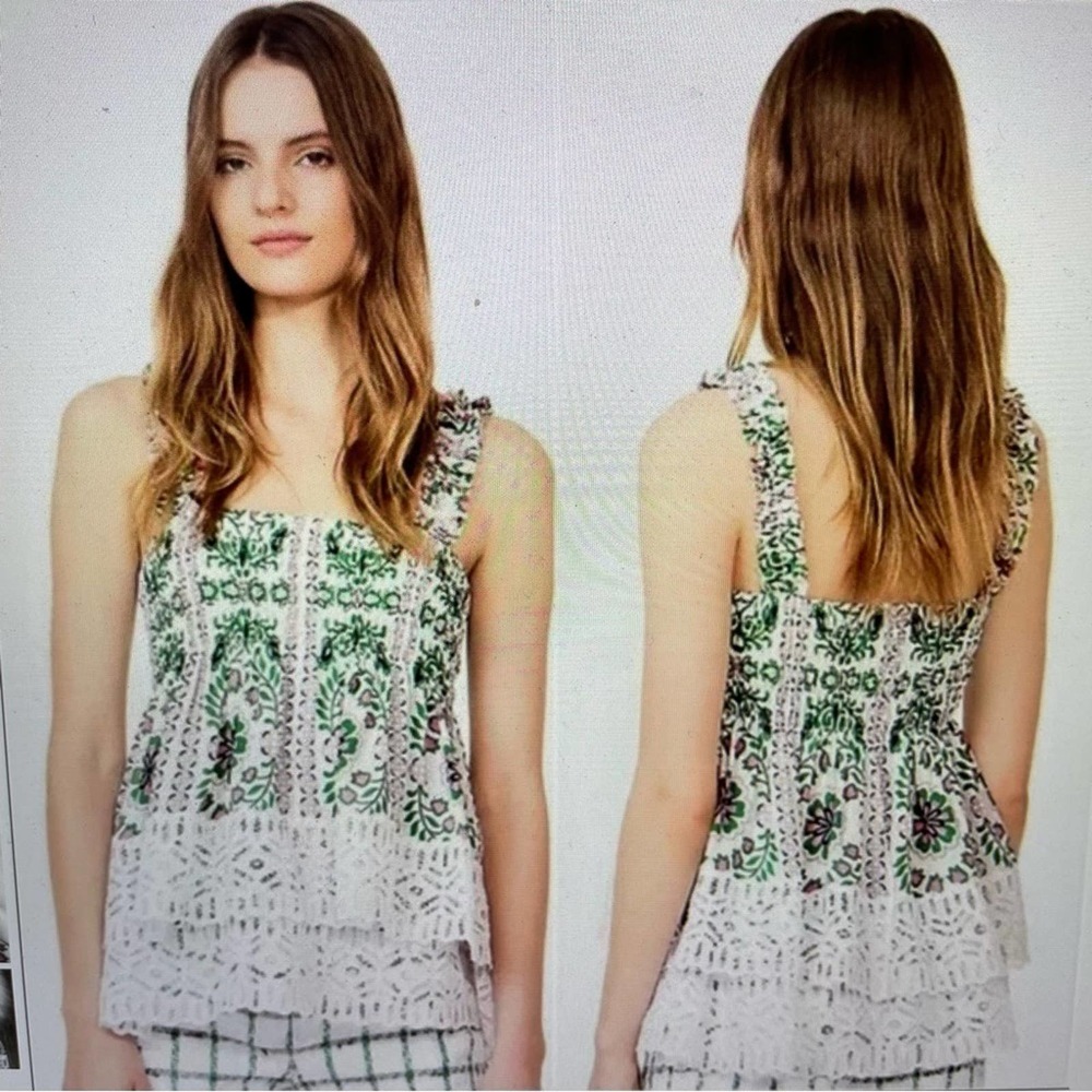 Tory Burch White Green Floral Smocked Garden Party Top NWT 0